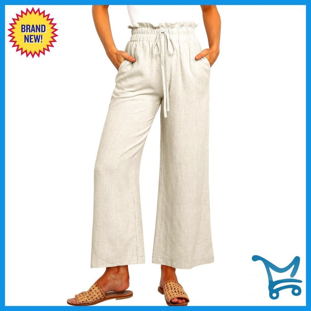 Linen Palazzo Pants High Waist Wide Leg Boho Casual Summer Beach Wear